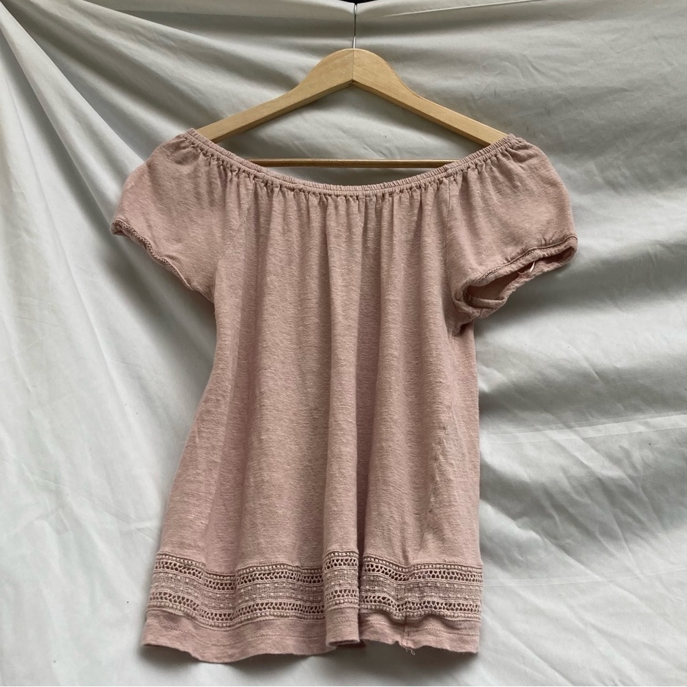 St. Tropez Blush Pink Off-Shoulder Tunic with Crochet Trim 100% Linen